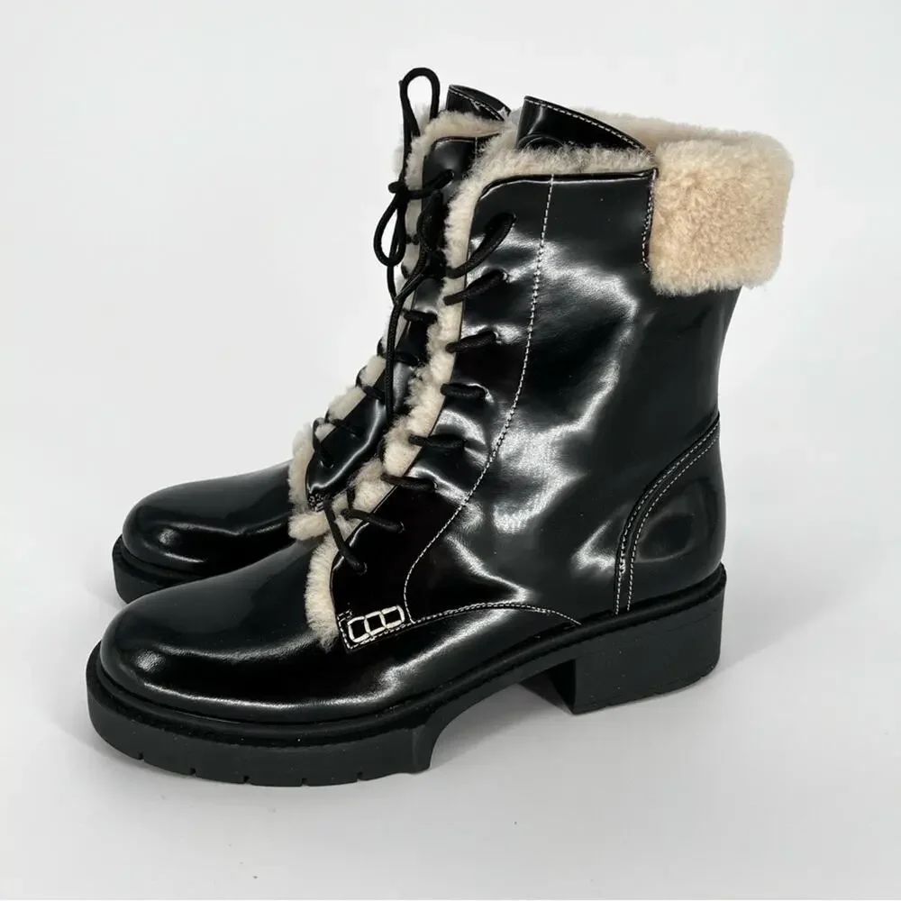 Coach Leighton Combat Boots Black Shearling Trim Lace-Up - Size 8.5